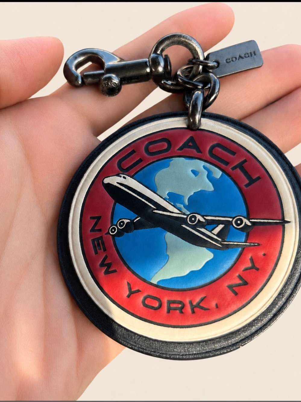 COACH NEW YORK AIRPLANE Gunmetal charm or key holder 3” EUC